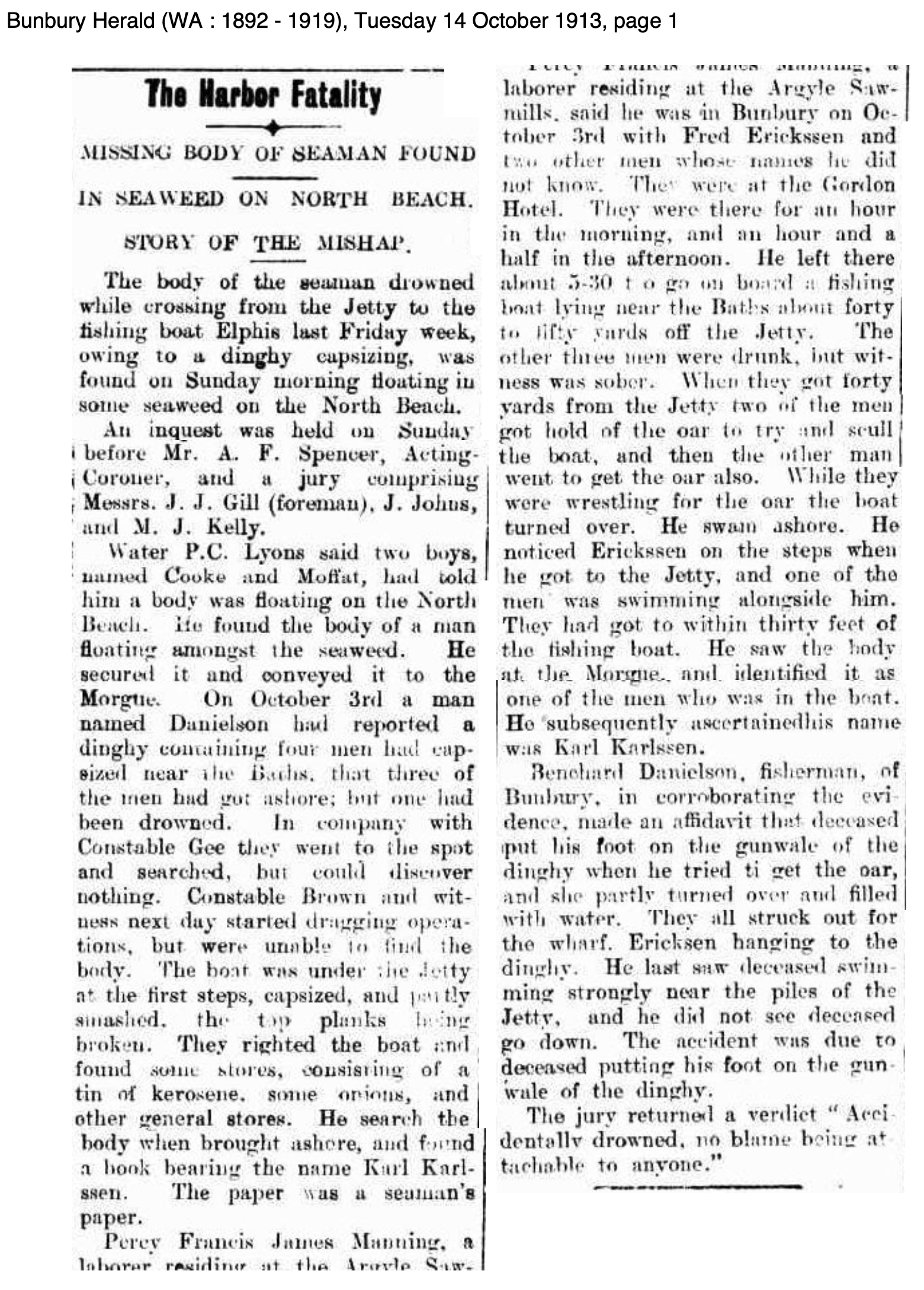 The Bunbury Herald, Tuesday 14 October 1913