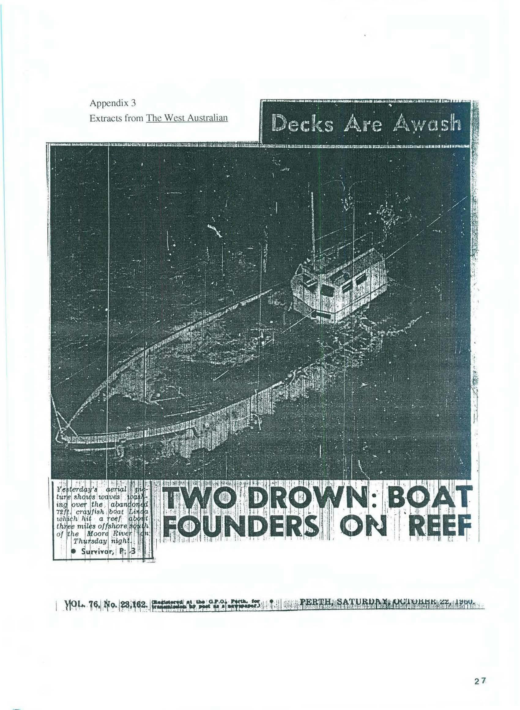 Newspaper clipping of the loss of two fishermen
