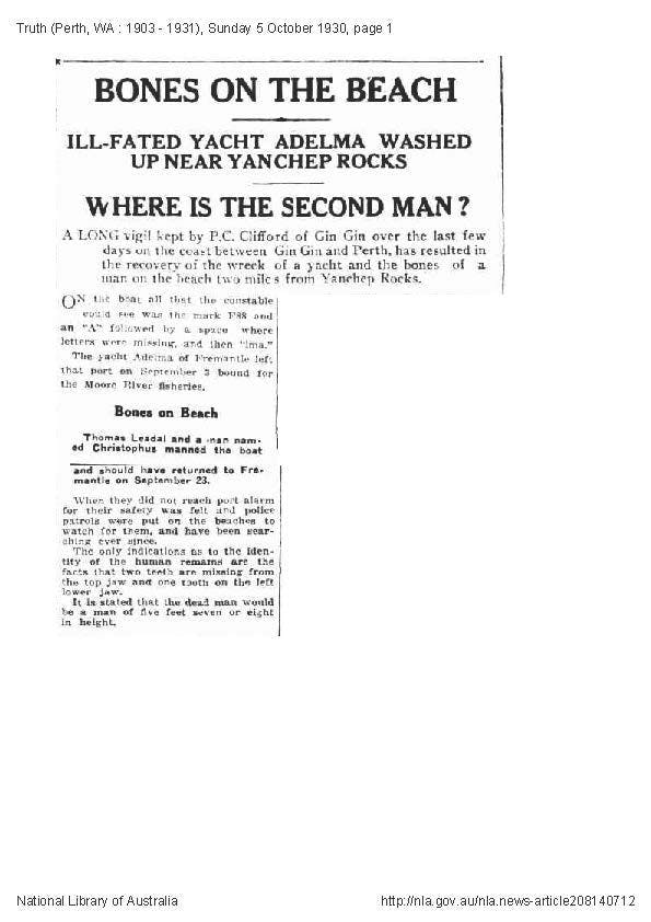 A newspaper article reporting on finding a body on a Yanchep beach