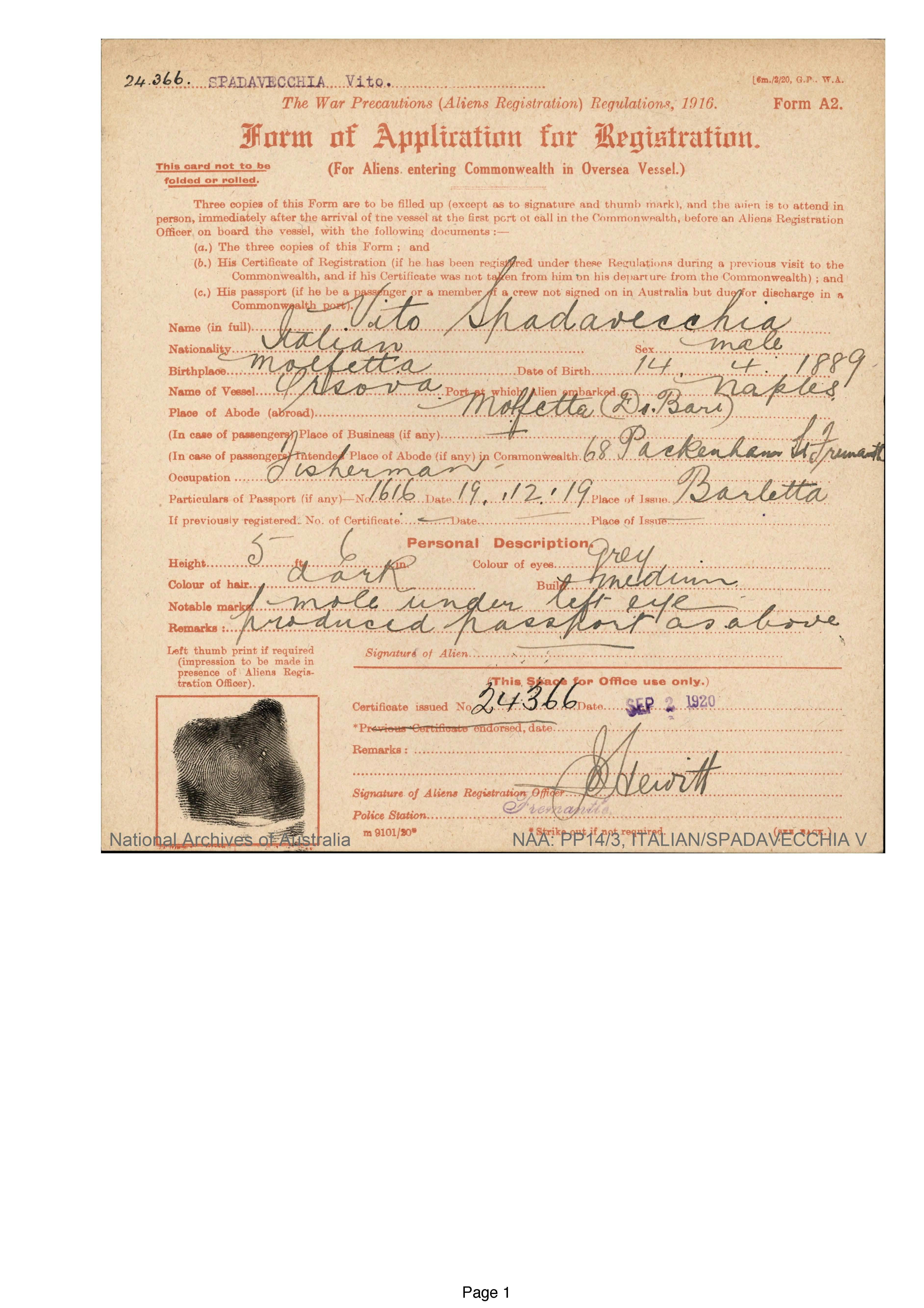 Copy of Vito Spadavecchia's Registration Papers