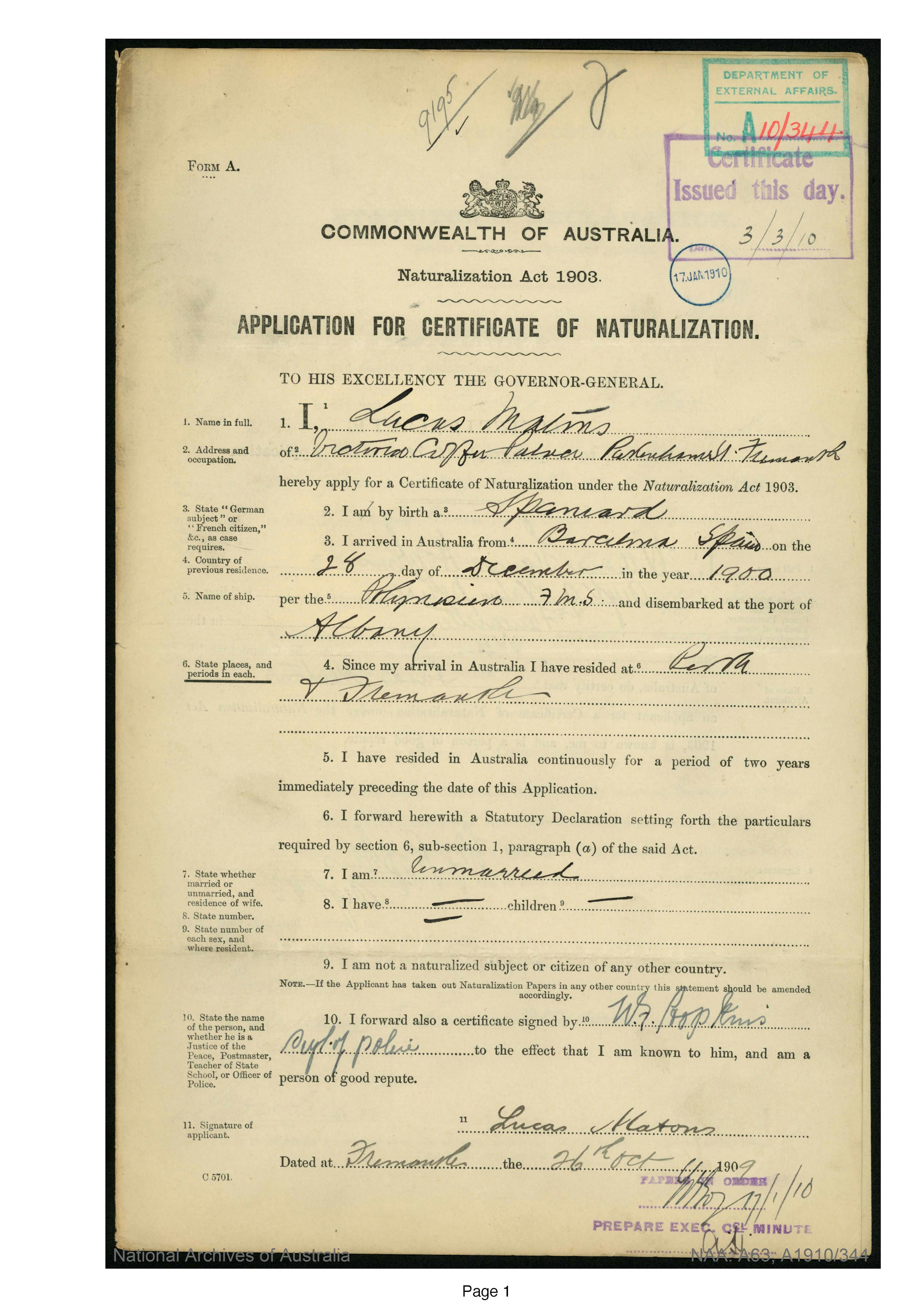 Copy of Lucas Matons' certificate of Naturalisation