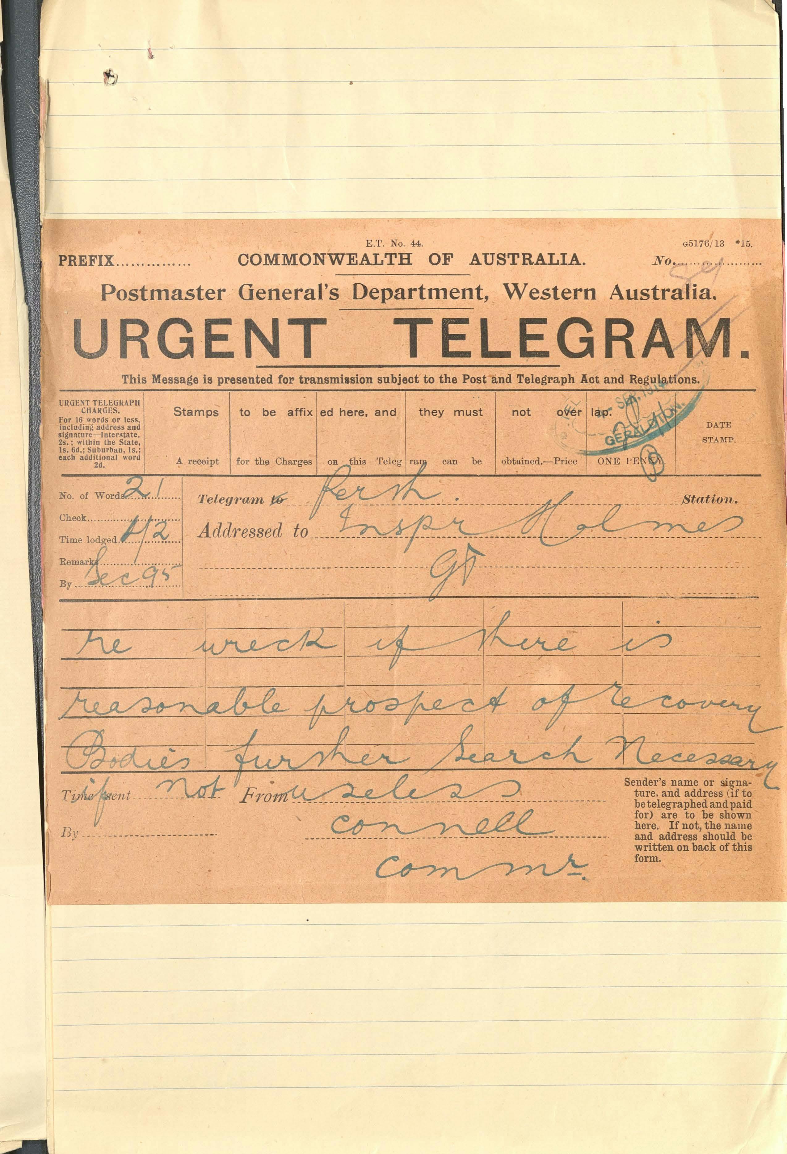 Copy of an urgent telegram advising on the loss of the Ivy