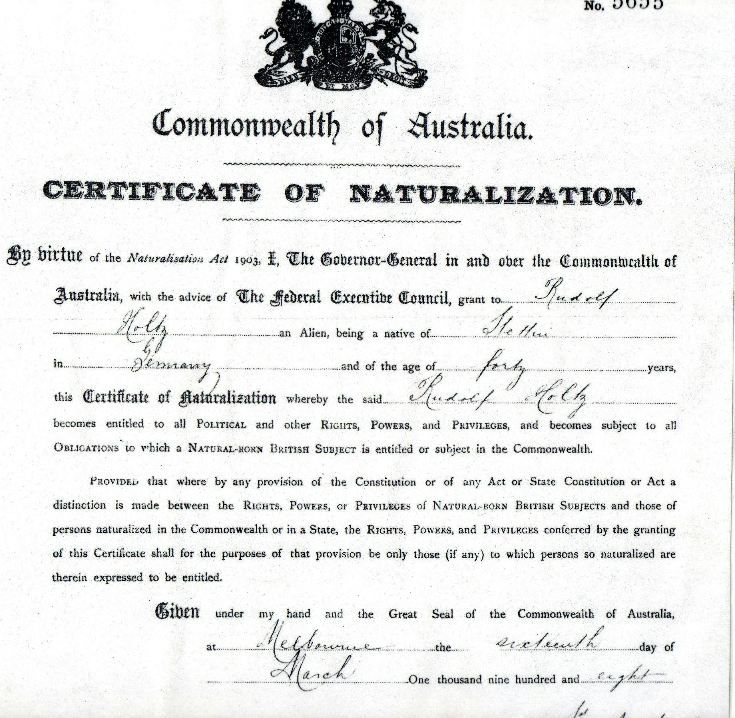 Extract of Rudolf Holtz's Certificate of Naturalisation